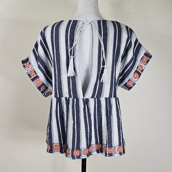 Anthropologie Maeve Embroidered Peplum Linen Top L Striped Open Back Festival - Picture 5 of 10